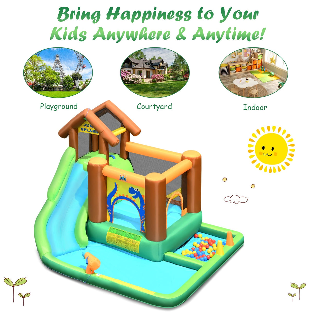 Castillo hinchable acuático con tobogán, muro de escalada y piscina de bolas con soplador