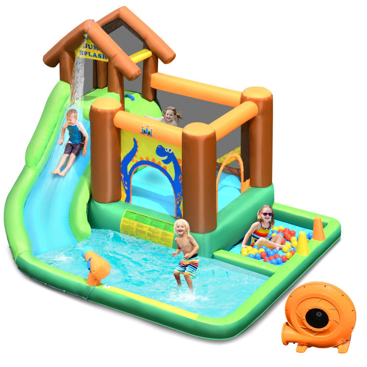 Castillo hinchable acuático con tobogán, muro de escalada y piscina de bolas con soplador