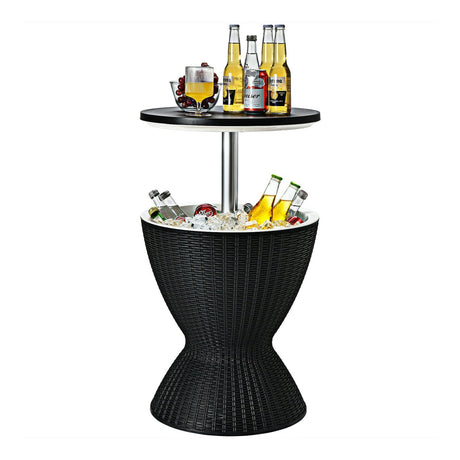 Mesa Bar Nevera de Ratán para Patio 3 en 1 de 8 Galones con Cubo de Hielo Ajustable - Negro