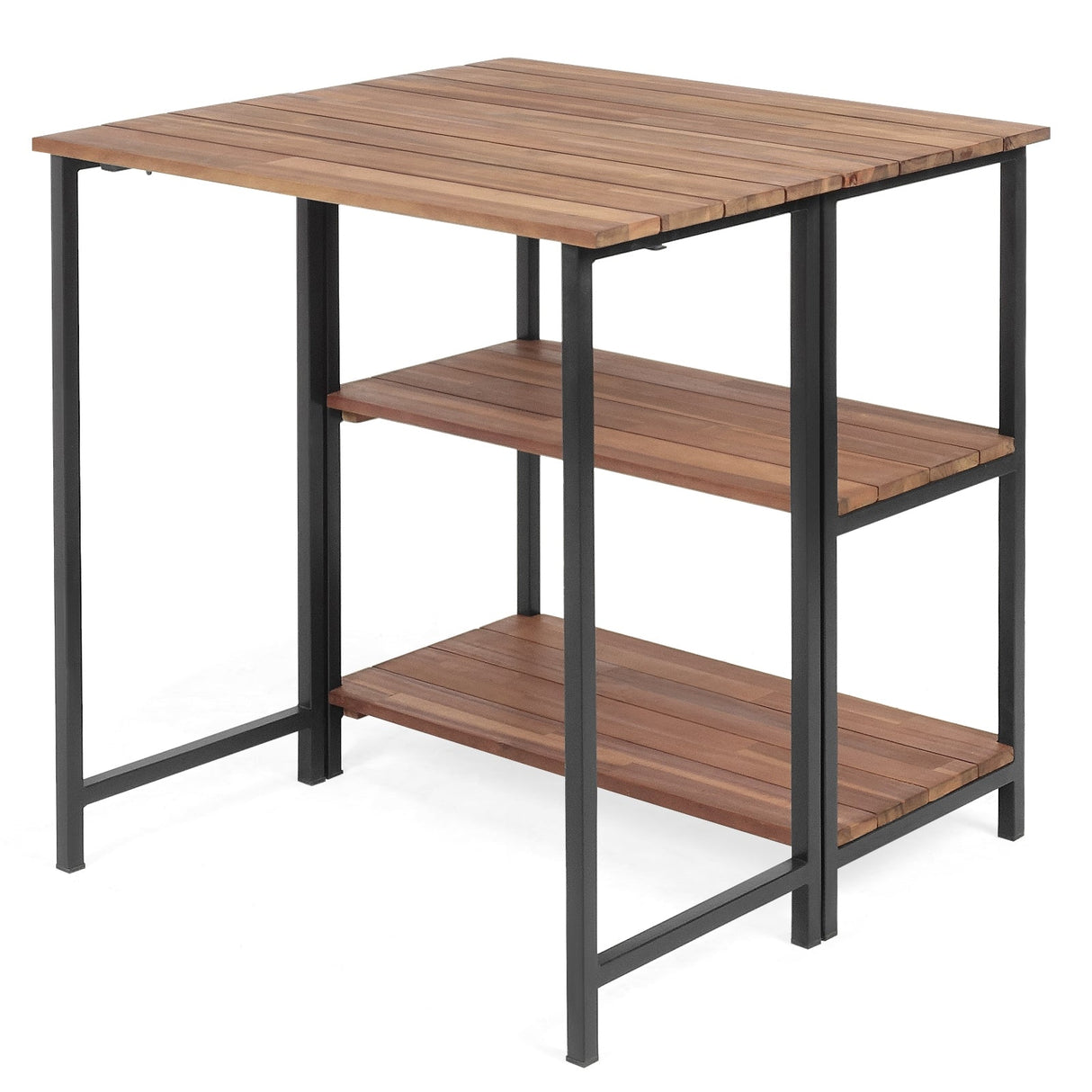Mesa de comedor plegable de acacia con estantes de almacenamiento para patio