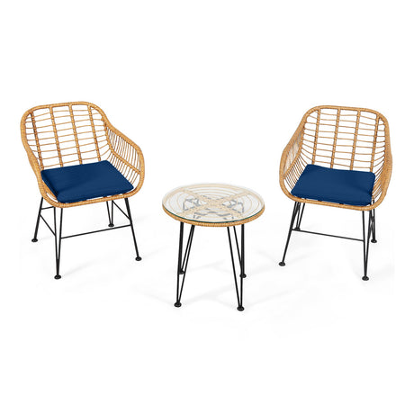 Juego de 3 Muebles de Ratán con Mesa y Sillas Acolchadas