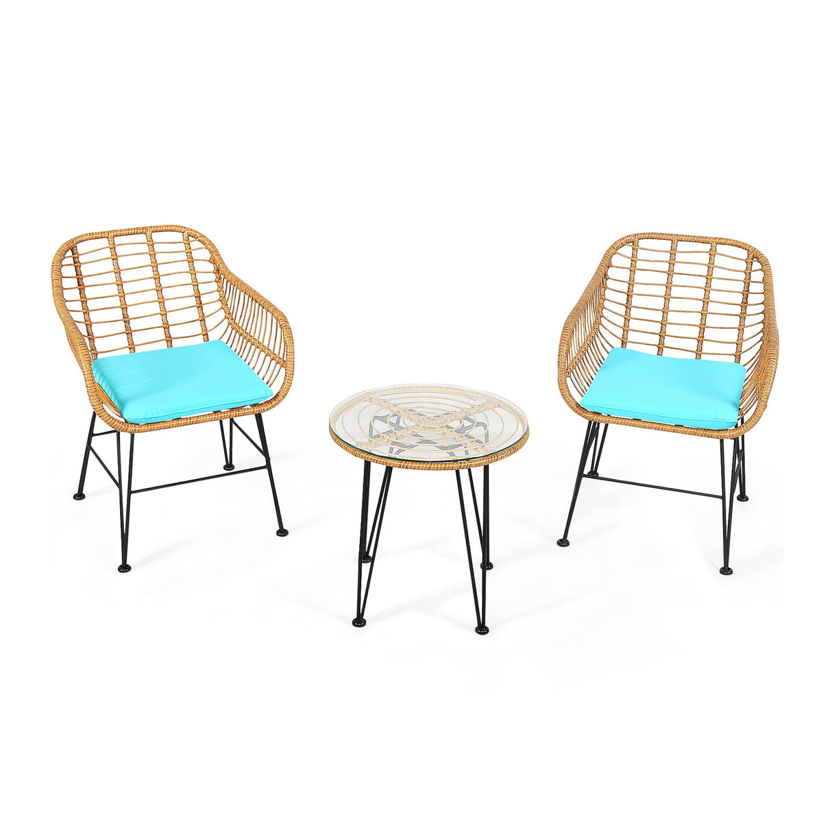 Juego de 3 Muebles de Ratán con Mesa y Sillas Acolchadas