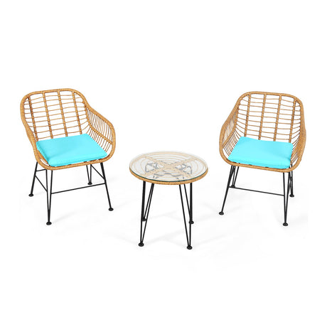 Juego de 3 Muebles de Ratán con Mesa y Sillas Acolchadas