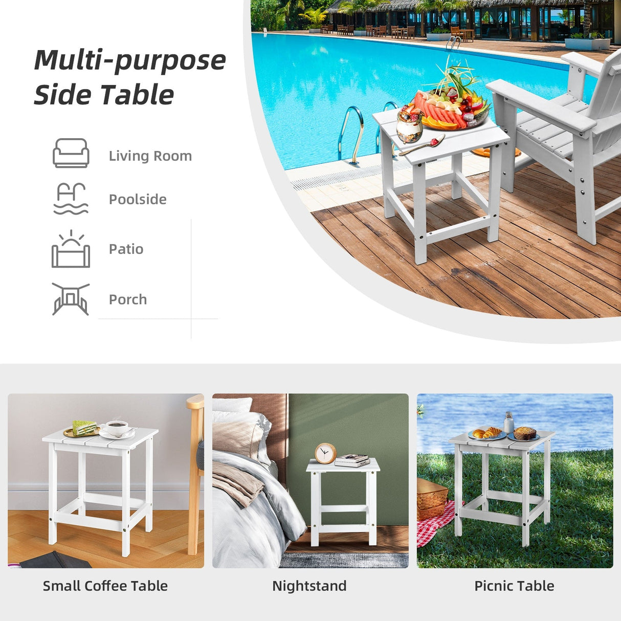 15 Inch Patio Square Wooden Slat End Side Coffee Table for Garden