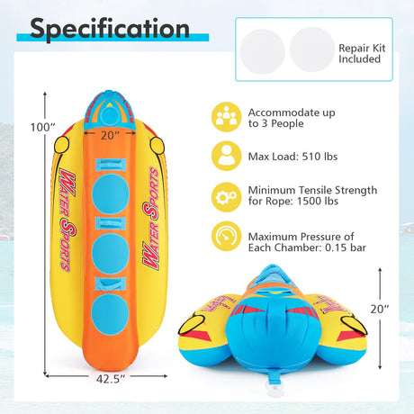 Banana hinchable para 3 personas con 3 asientos y asas acolchados de EVA