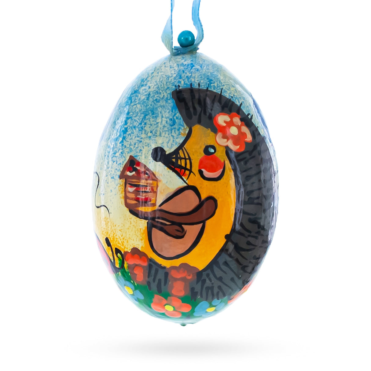 Hedgehog with Balloons Wooden Christmas Ornament 3 Inches