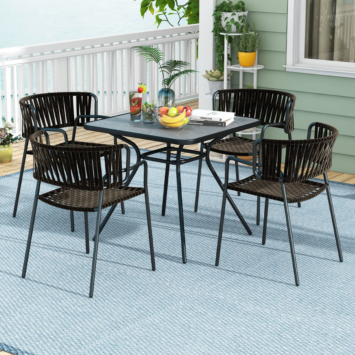 Mesa de comedor de exterior resistente de 32 x 32 pulgadas con agujero para sombrilla para 4 personas-Gris
