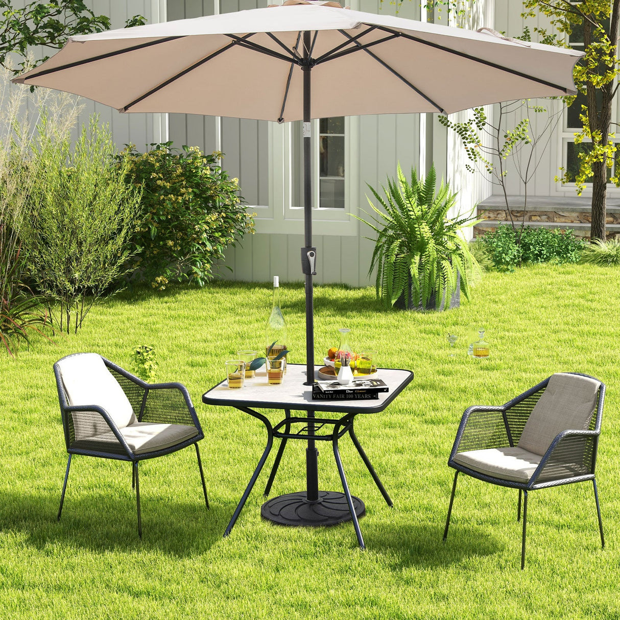 Mesa de comedor de exterior resistente de 32 x 32 pulgadas con agujero para sombrilla para 4 personas-Gris