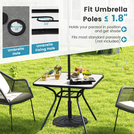 Mesa de comedor de exterior resistente de 32 x 32 pulgadas con agujero para sombrilla para 4 personas-Gris