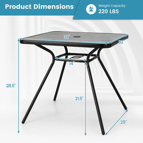 Mesa de comedor de exterior resistente de 32 x 32 pulgadas con agujero para sombrilla para 4 personas-Gris