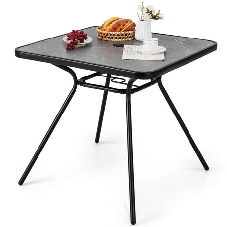 Mesa de comedor de exterior resistente de 32 x 32 pulgadas con agujero para sombrilla para 4 personas-Gris