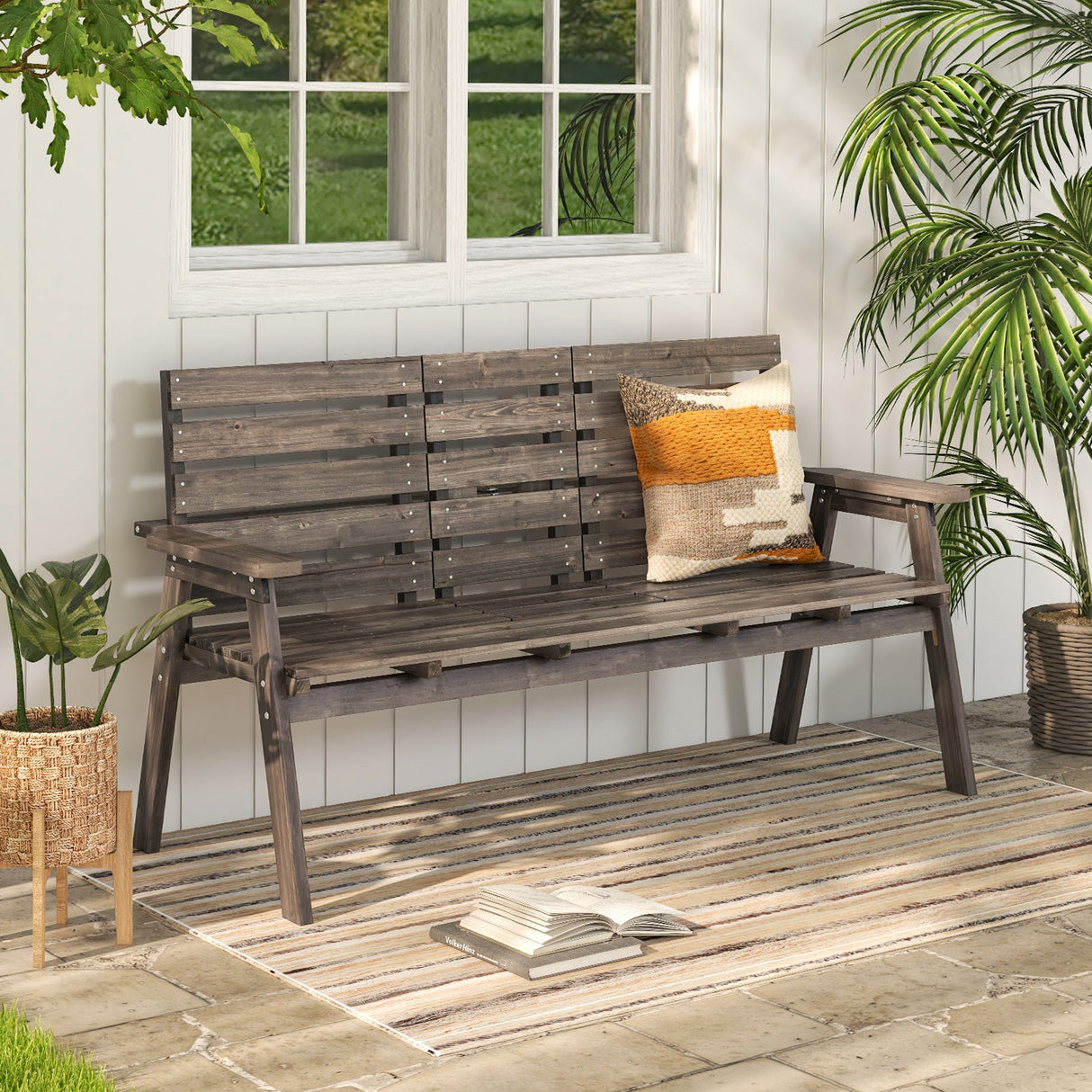 Banco de abeto para exteriores con mesa central plegable