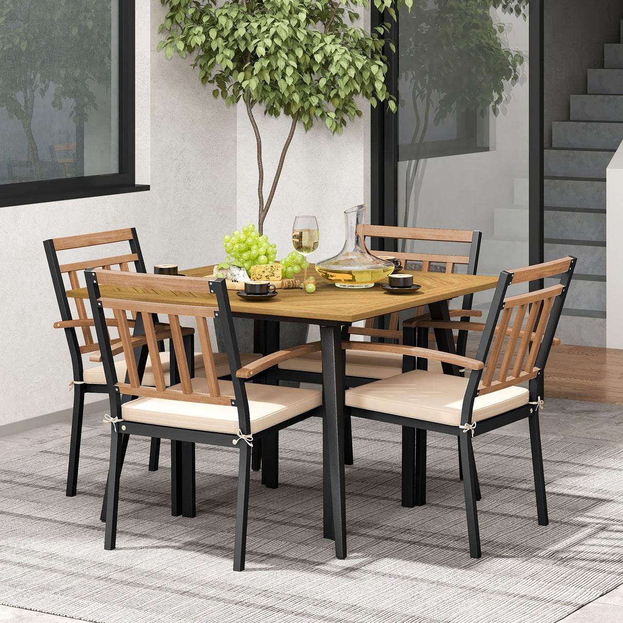 Juego de comedor para patio de 5 piezas con cojines y orificio para sombrilla de 1.9 pulgadas