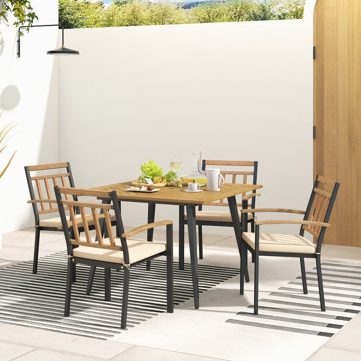 Juego de comedor para patio de 5 piezas con cojines y orificio para sombrilla de 1.9 pulgadas