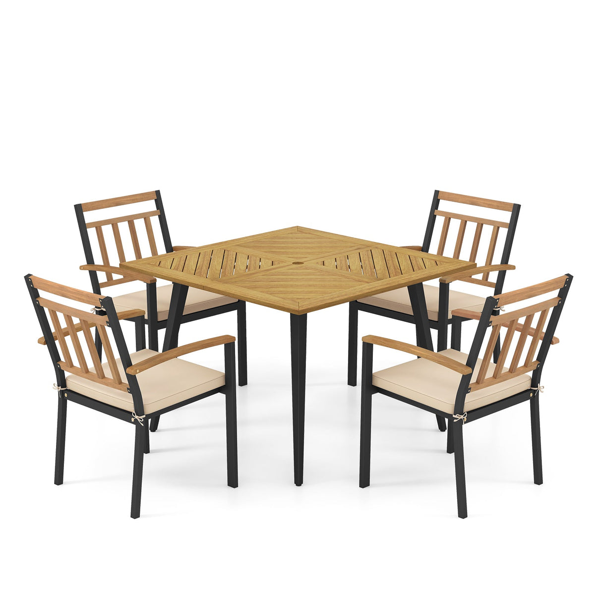 Juego de comedor para patio de 5 piezas con cojines y orificio para sombrilla de 1.9 pulgadas