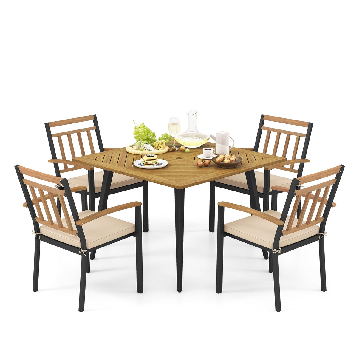 Juego de comedor para patio de 5 piezas con cojines y orificio para sombrilla de 1.9 pulgadas