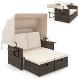 Cama de día de mimbre para patio exterior con toldo retráctil y respaldos ajustables