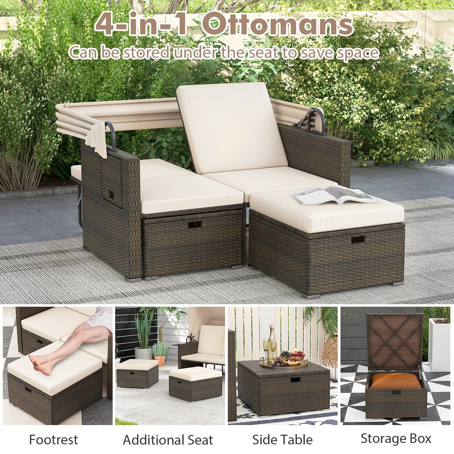 Cama de día de mimbre para patio exterior con toldo retráctil y respaldos ajustables