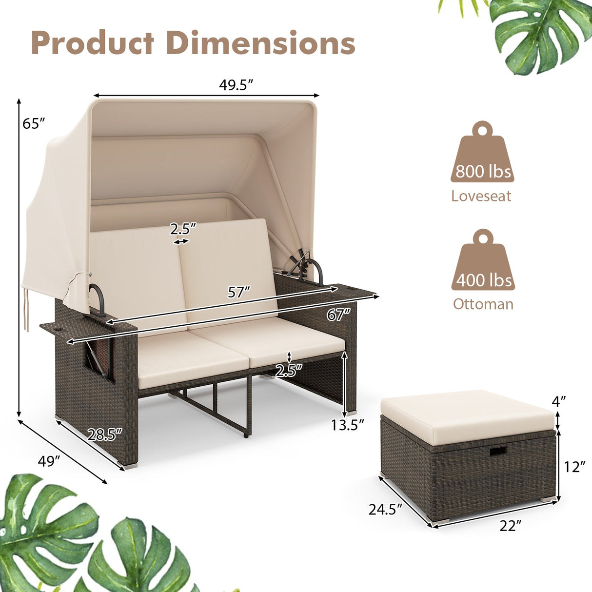 Cama de día de mimbre para patio exterior con toldo retráctil y respaldos ajustables