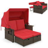 Cama de día de mimbre para patio exterior con toldo retráctil y respaldos ajustables