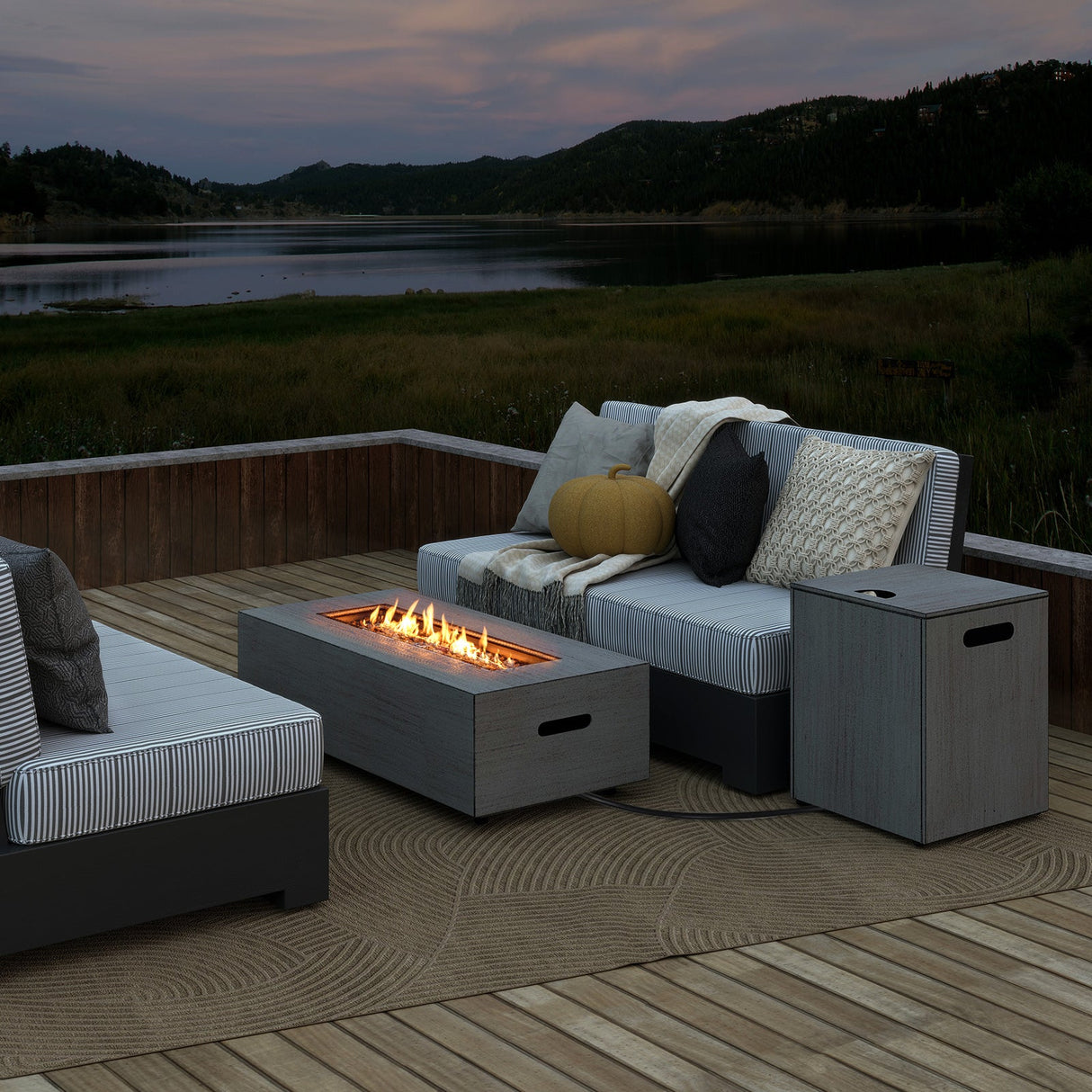 Mesa de fuego rectangular para exteriores de 42 pulgadas y 50 000 BTU con soporte para tanque