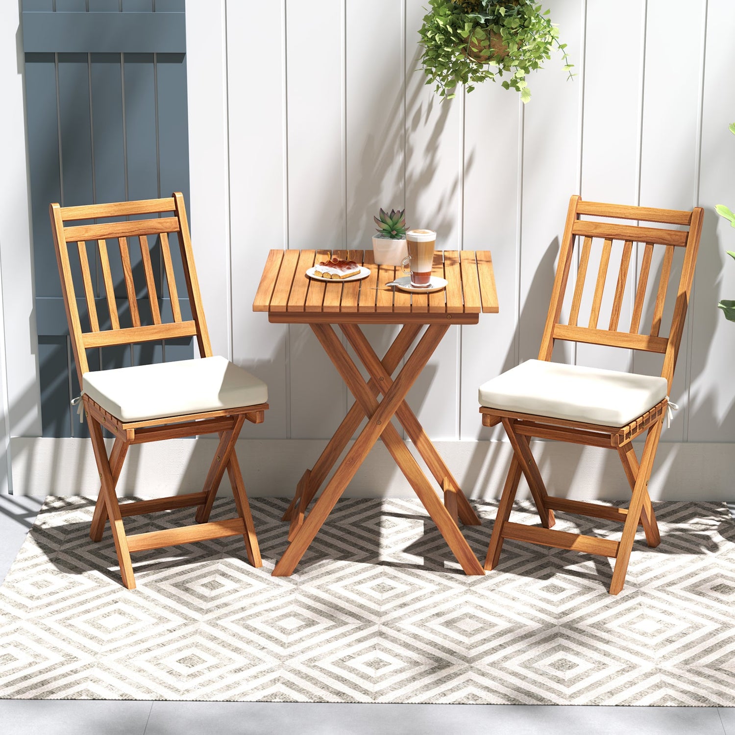 Juego de bistró de madera para exteriores con cojines de asiento suaves y mesa - Blanco