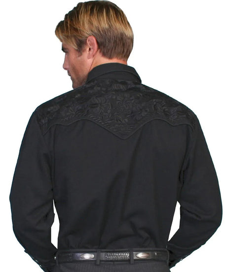 Scully Camisa Vaquera para Hombre con Bordado de Flores Labradas (Negro Azabache)