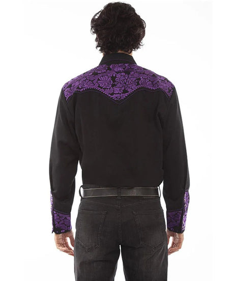 Camisa Vaquera Scully con Bordado Floral Grabado para Hombre (Púrpura/Negro)