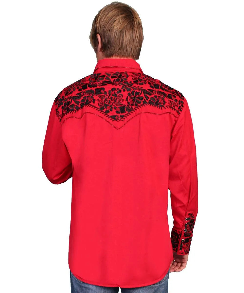 Camisa Western Scully Bordada con Flores - Hombre (Rojo/Negro)
