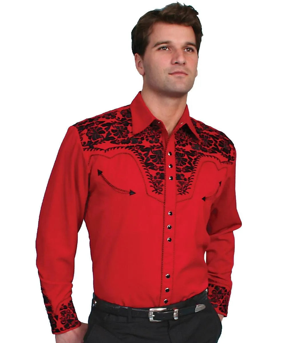 Camisa Western Scully Bordada con Flores - Hombre (Rojo/Negro)