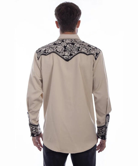 Camisa vaquera Scully con bordado floral labrado para hombre (color tostado/negro)