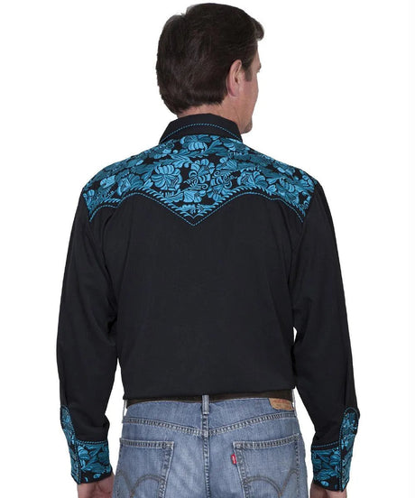 Scully Bordado Floral Repujado - Camisa Vaquera de Hombre (Negro/Turquesa)