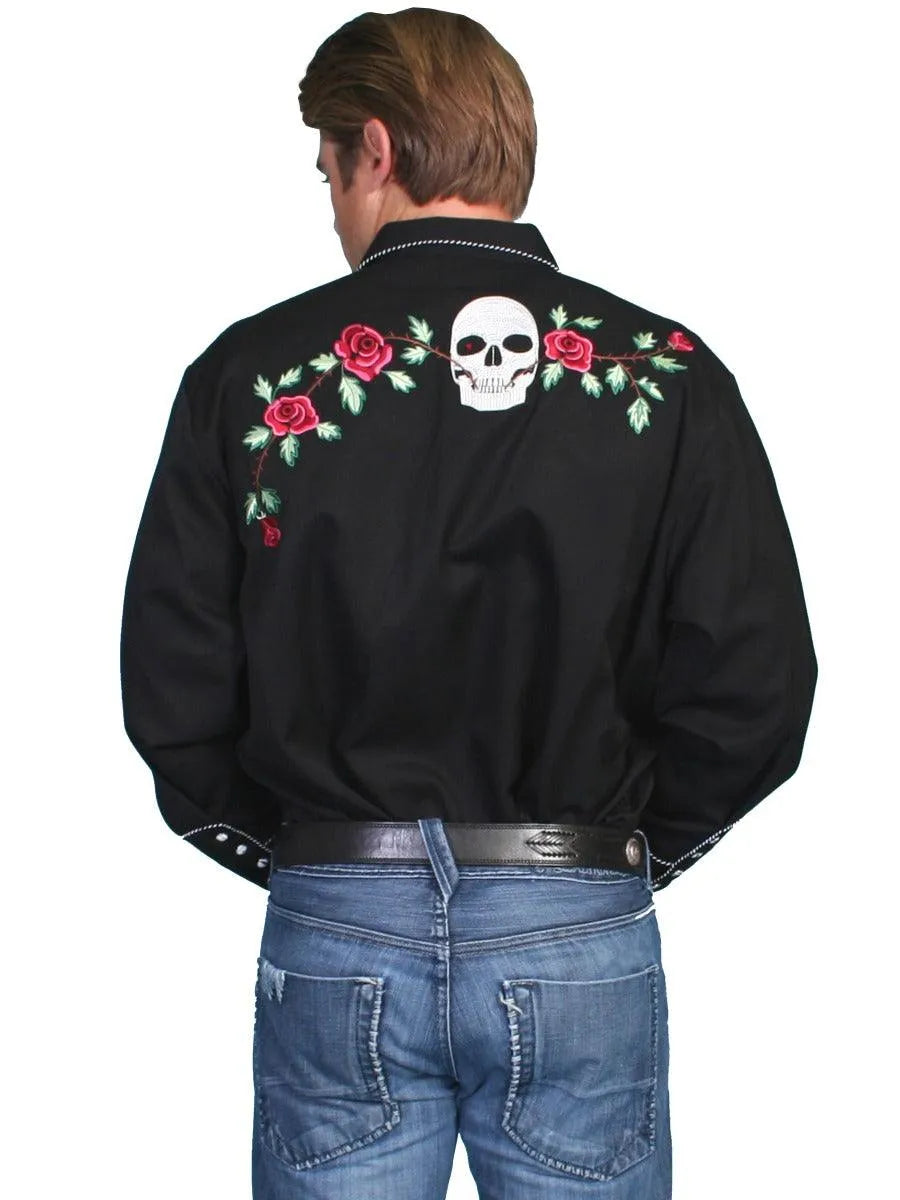 Camisa Western para Hombre Scully con Bordado de Calavera y Rosa