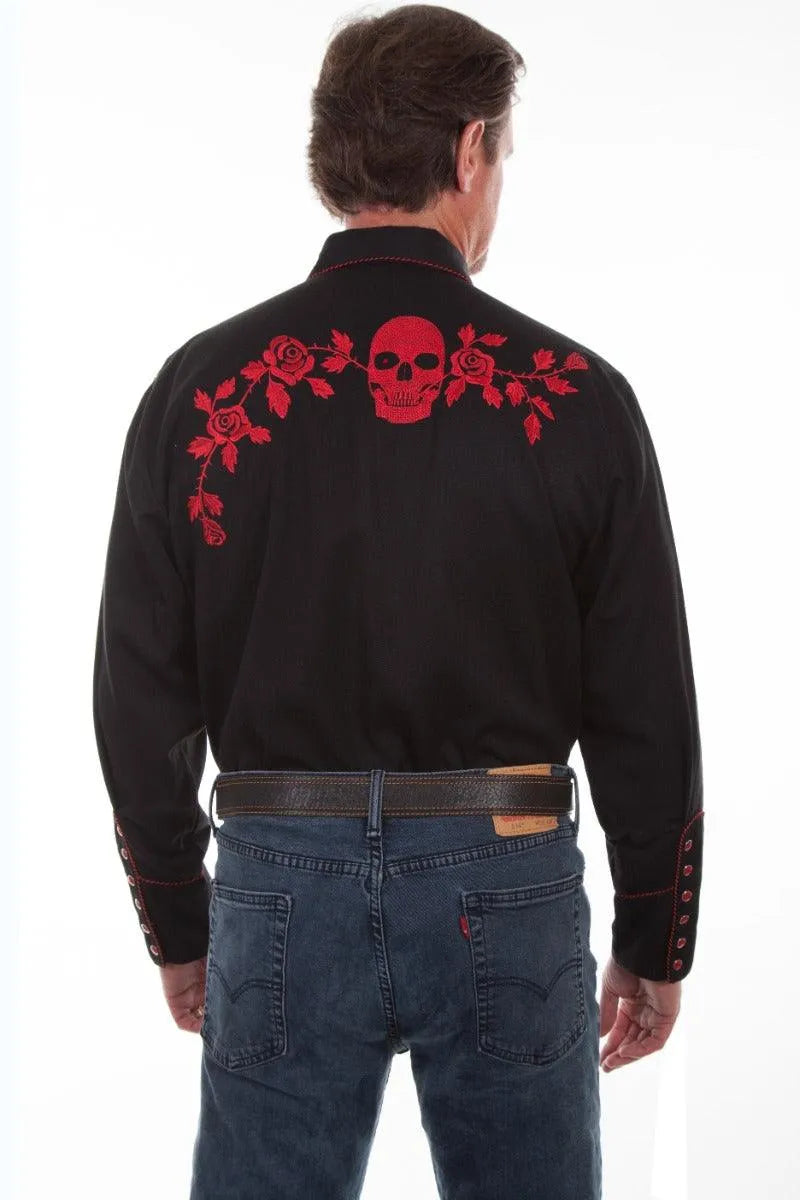 Camisa Western para Hombre Scully con Bordado de Calavera y Rosa