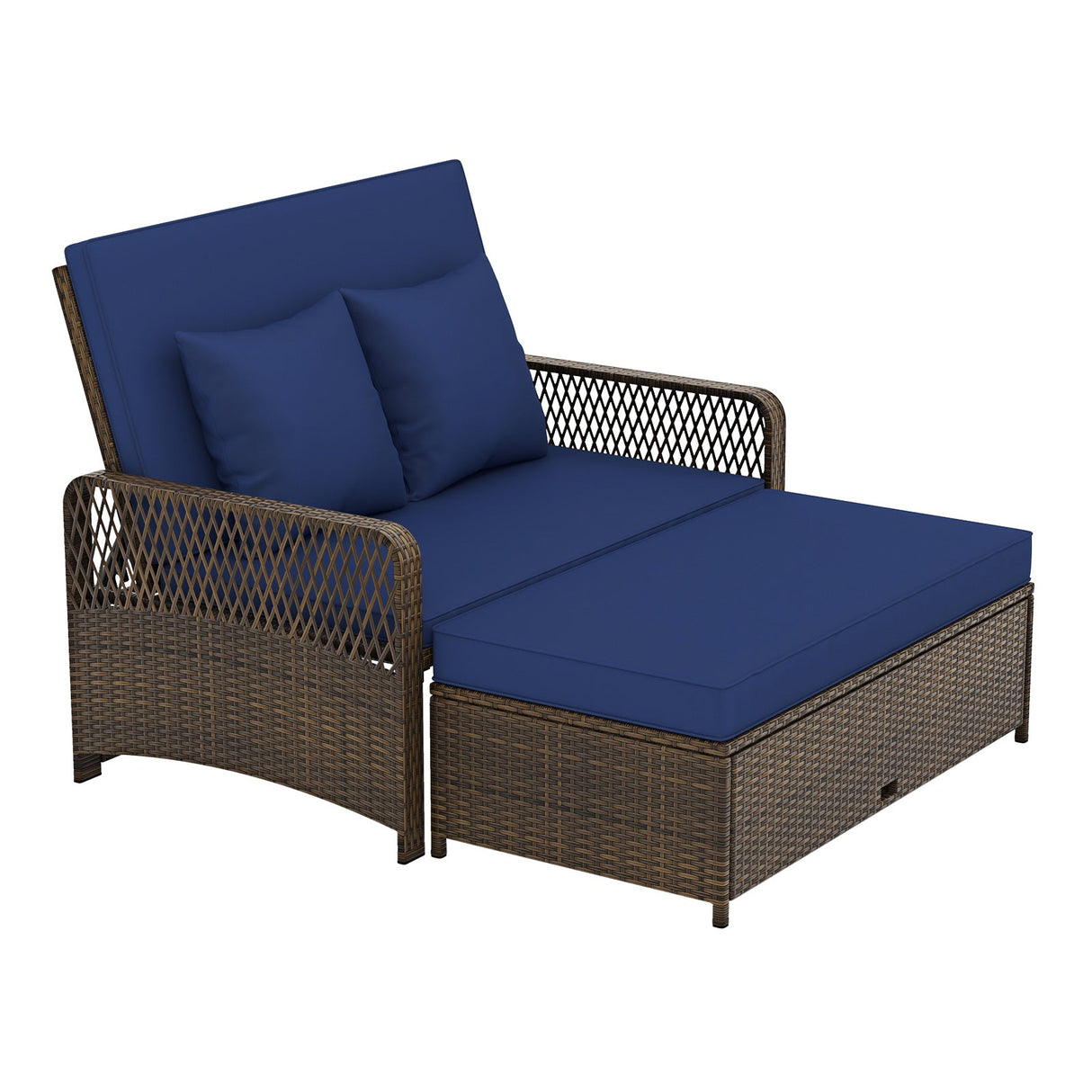 Cama de día ajustable de mimbre para patio con respaldo de 4 niveles y cojines suaves