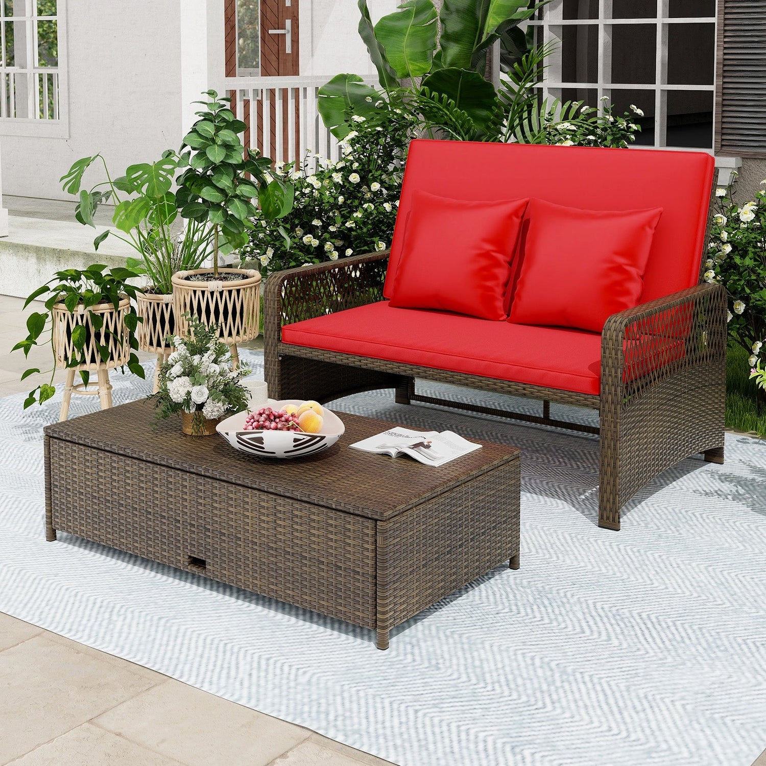 Cama de día ajustable de mimbre para patio con respaldo de 4 niveles y cojines suaves