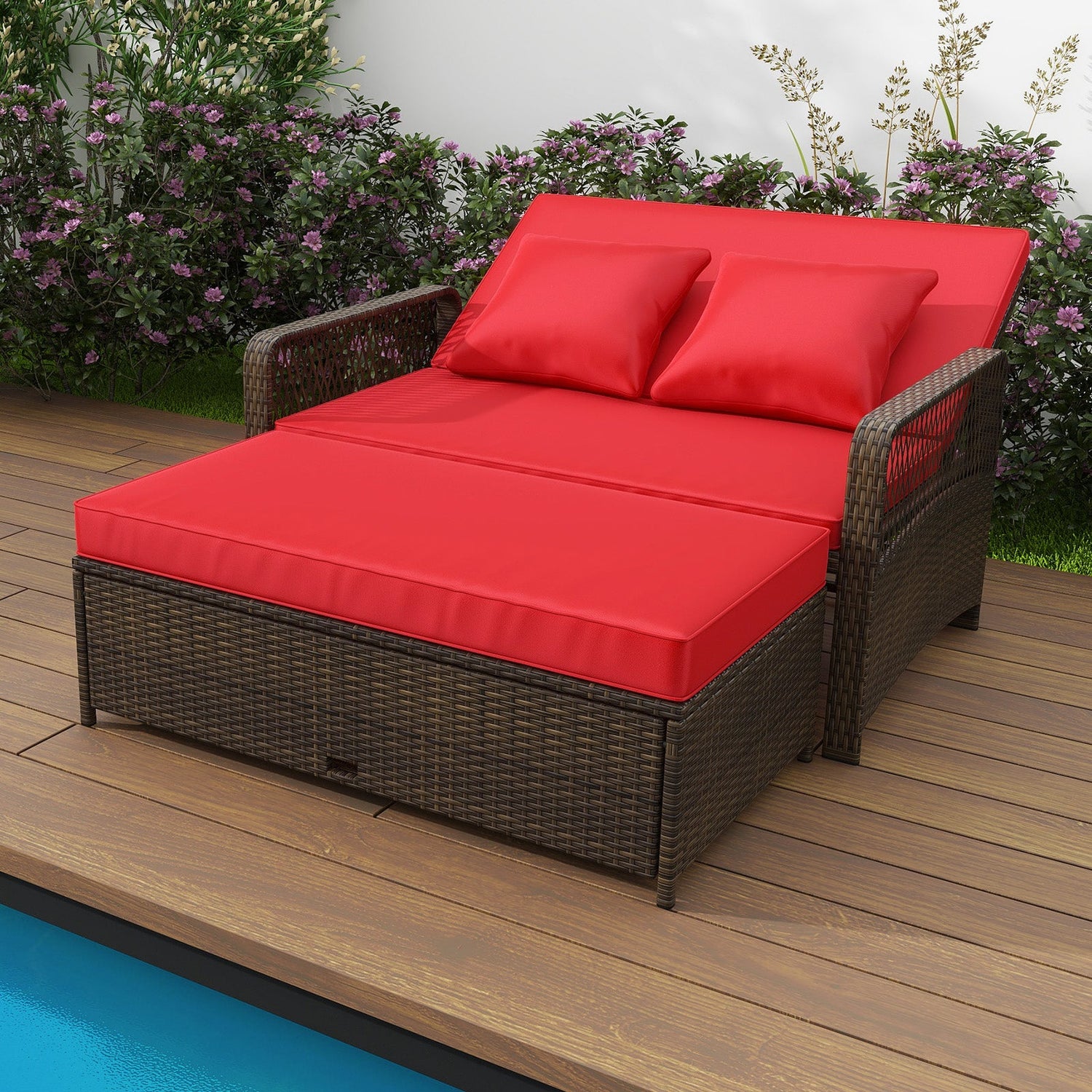 Cama de día ajustable de mimbre para patio con respaldo de 4 niveles y cojines suaves