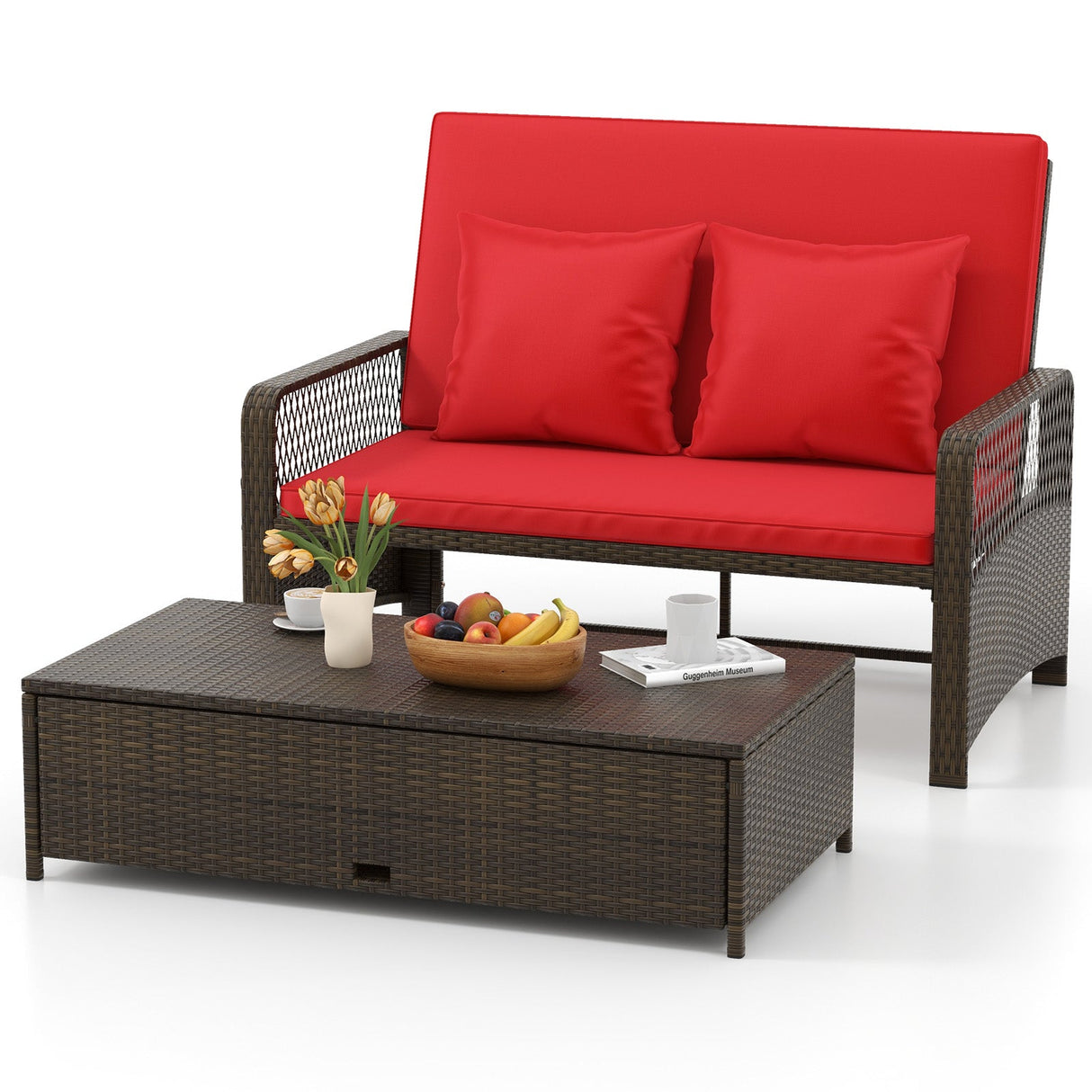 Cama de día ajustable de mimbre para patio con respaldo de 4 niveles y cojines suaves