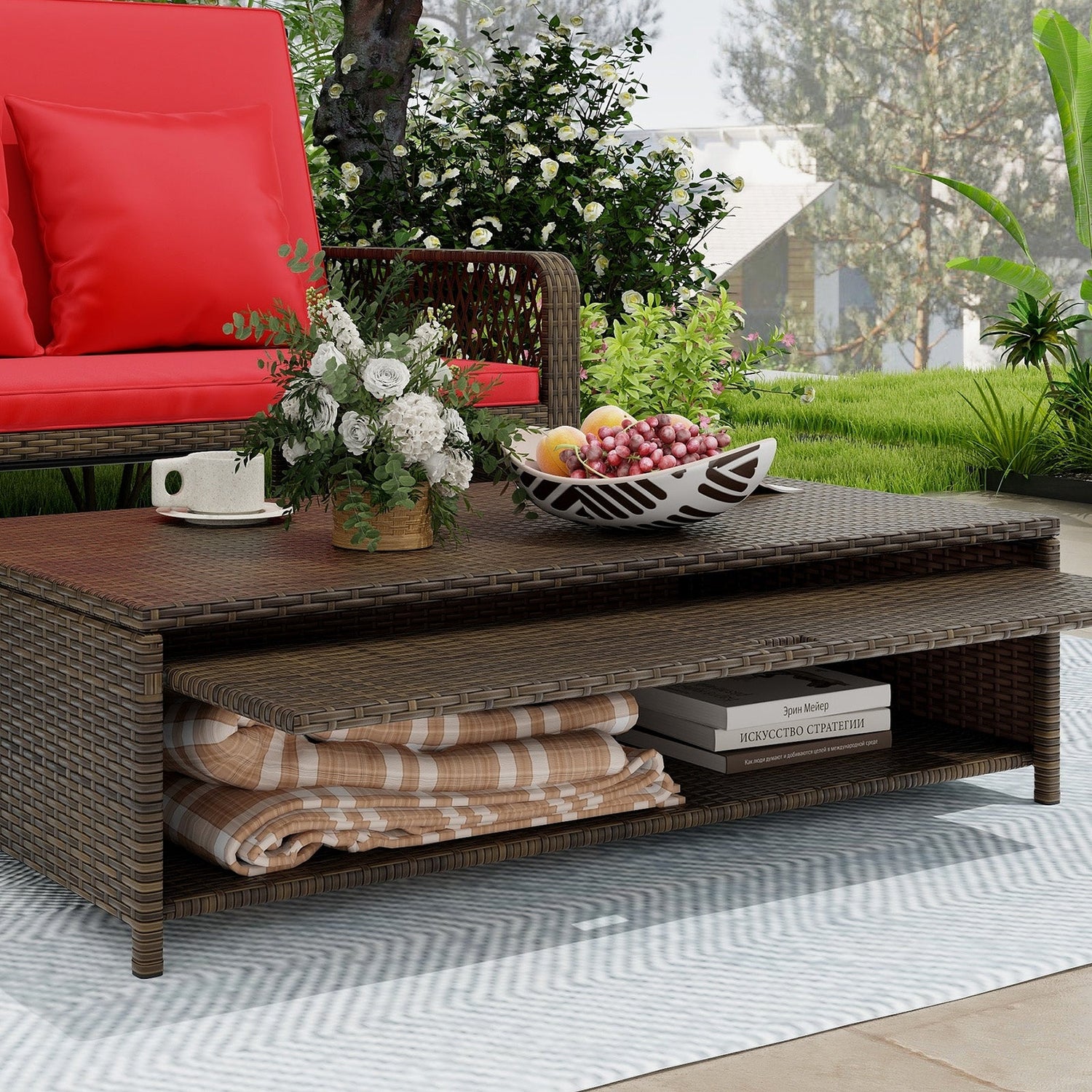 Cama de día ajustable de mimbre para patio con respaldo de 4 niveles y cojines suaves