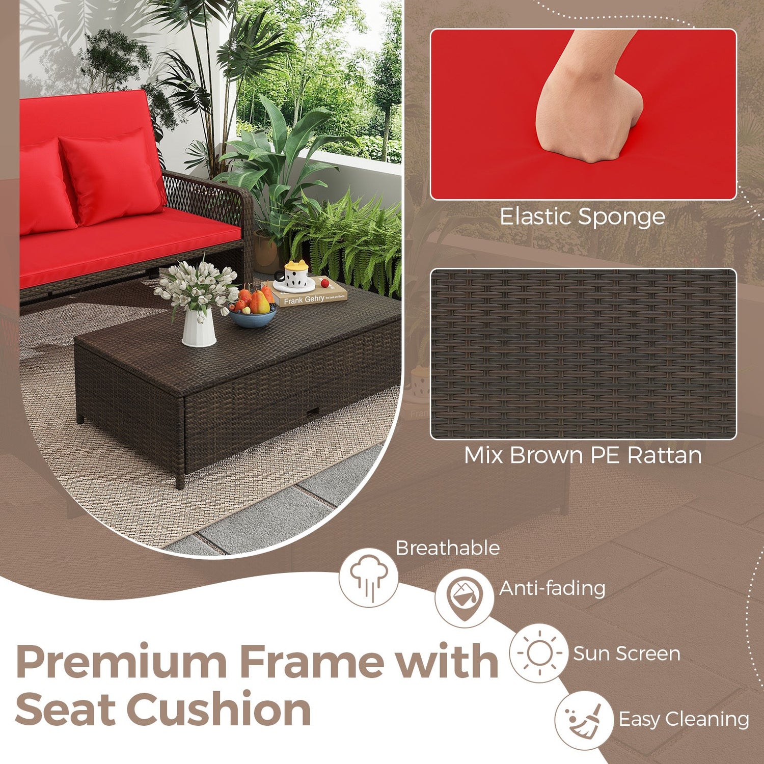 Cama de día ajustable de mimbre para patio con respaldo de 4 niveles y cojines suaves