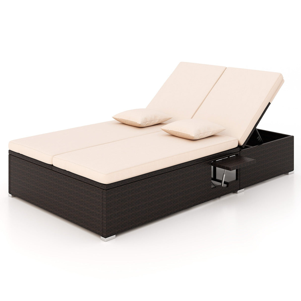 Tumbona doble de patio con cojines y bandejas laterales plegables