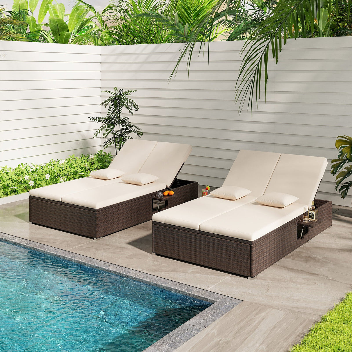 Tumbona doble de patio con cojines y bandejas laterales plegables