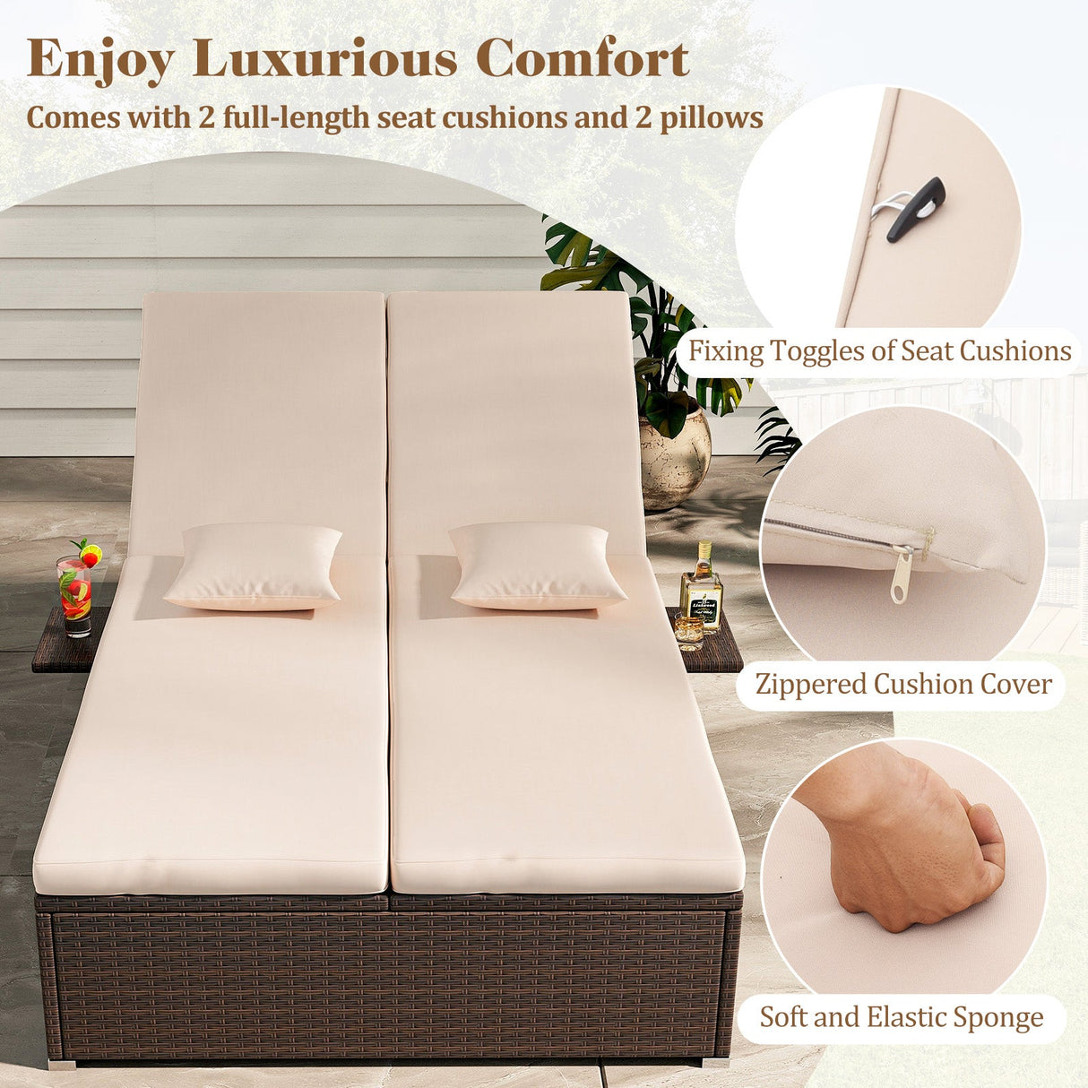 Tumbona doble de patio con cojines y bandejas laterales plegables