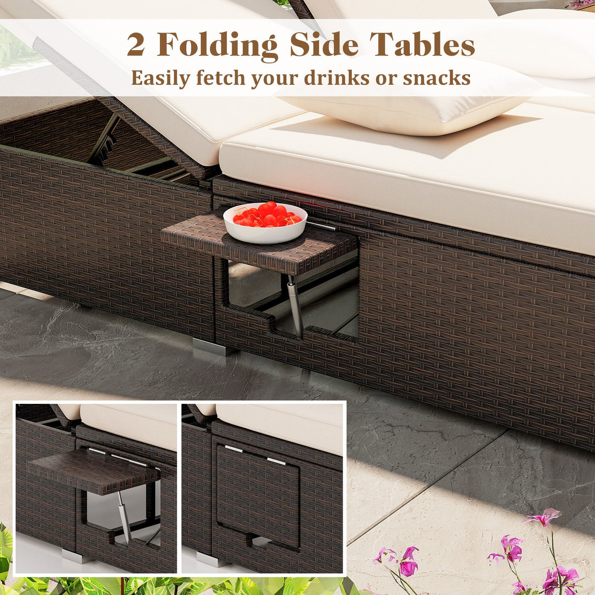 Tumbona doble de patio con cojines y bandejas laterales plegables