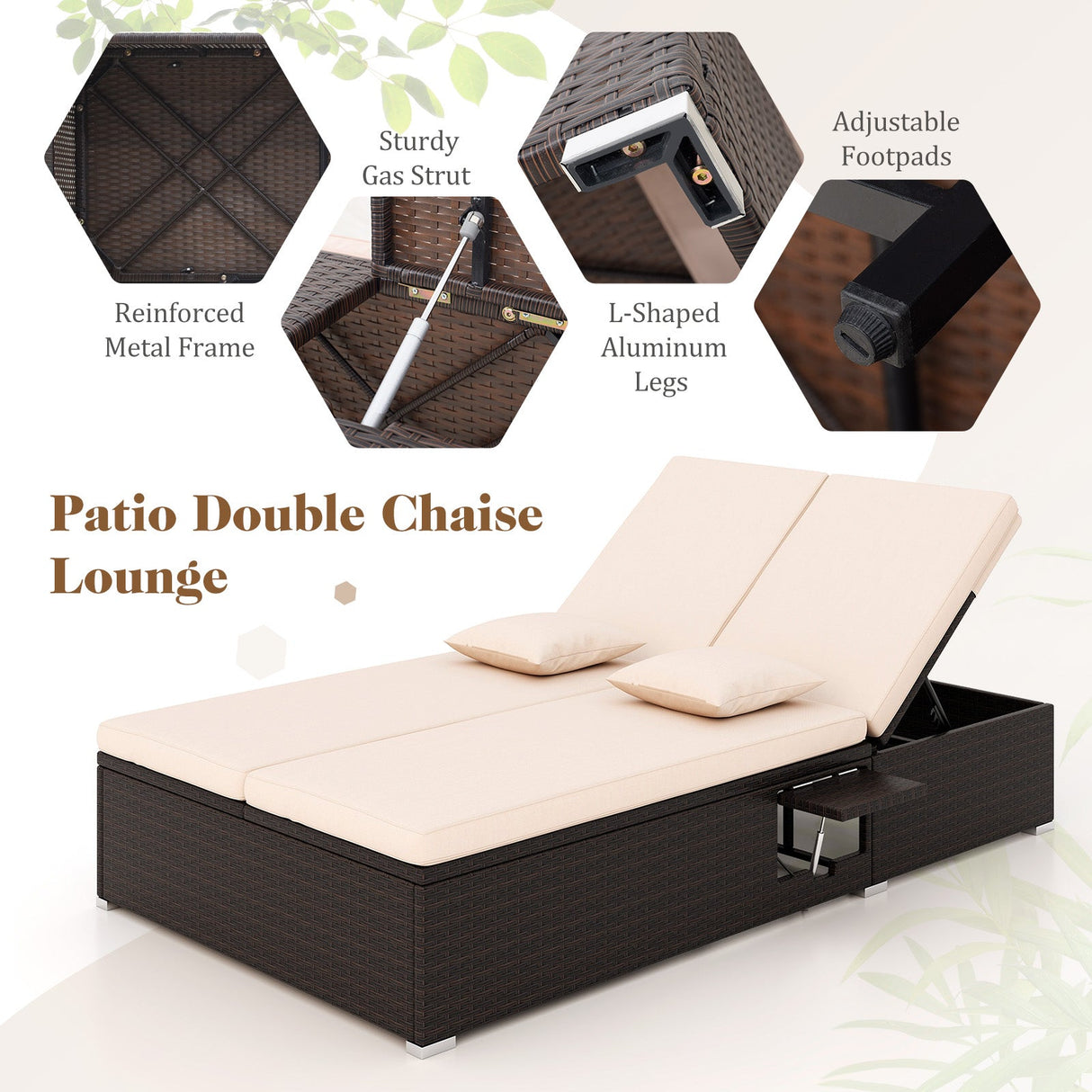 Tumbona doble de patio con cojines y bandejas laterales plegables