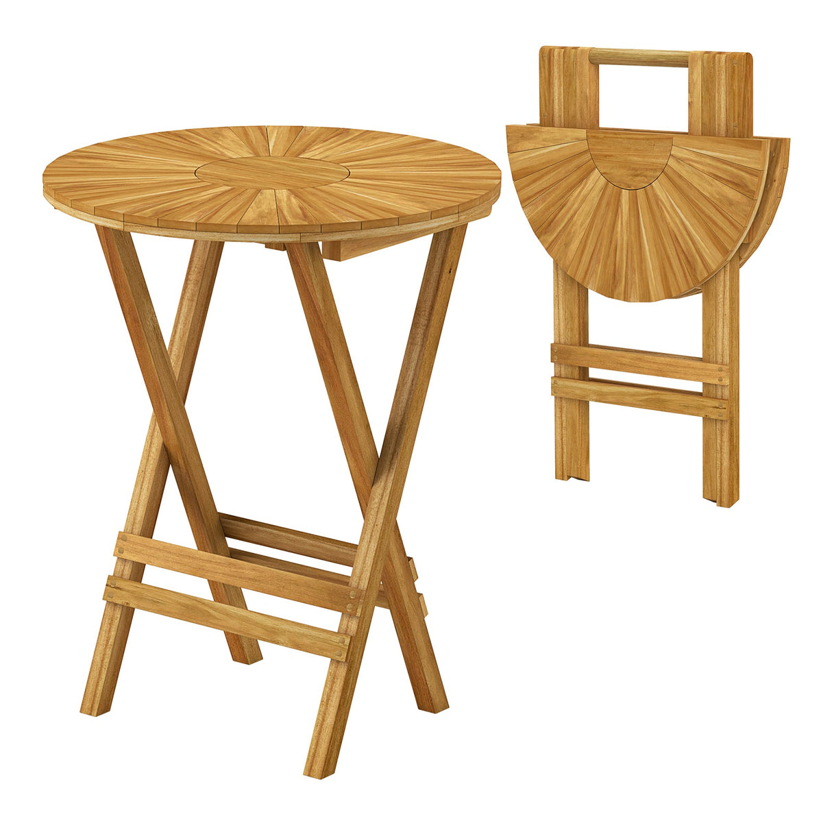 Mesa auxiliar plegable de teca para patio, mesa auxiliar redonda con tablero de listones y estructura en forma de X