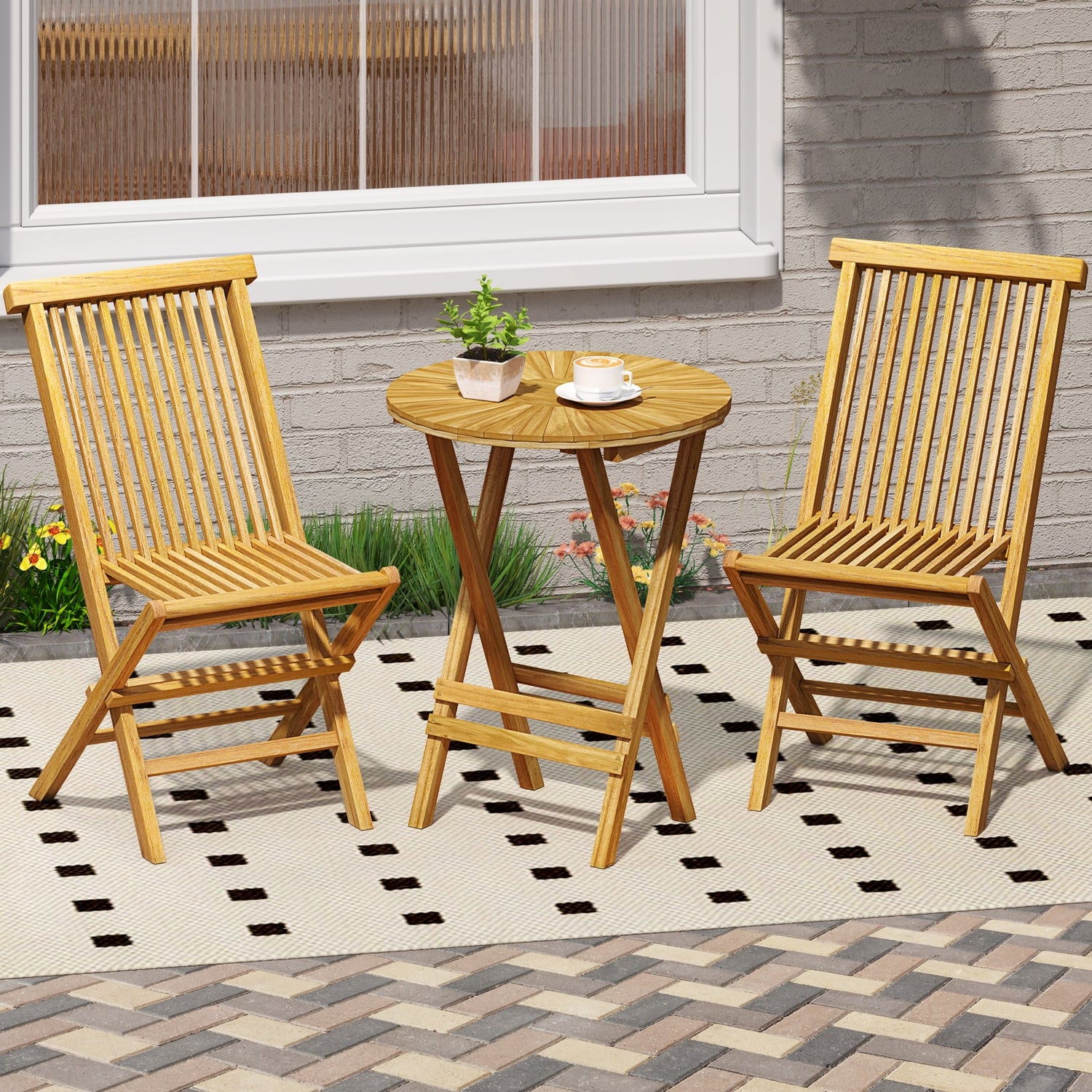 Mesa auxiliar plegable de teca para patio, mesa auxiliar redonda con tablero de listones y estructura en forma de X