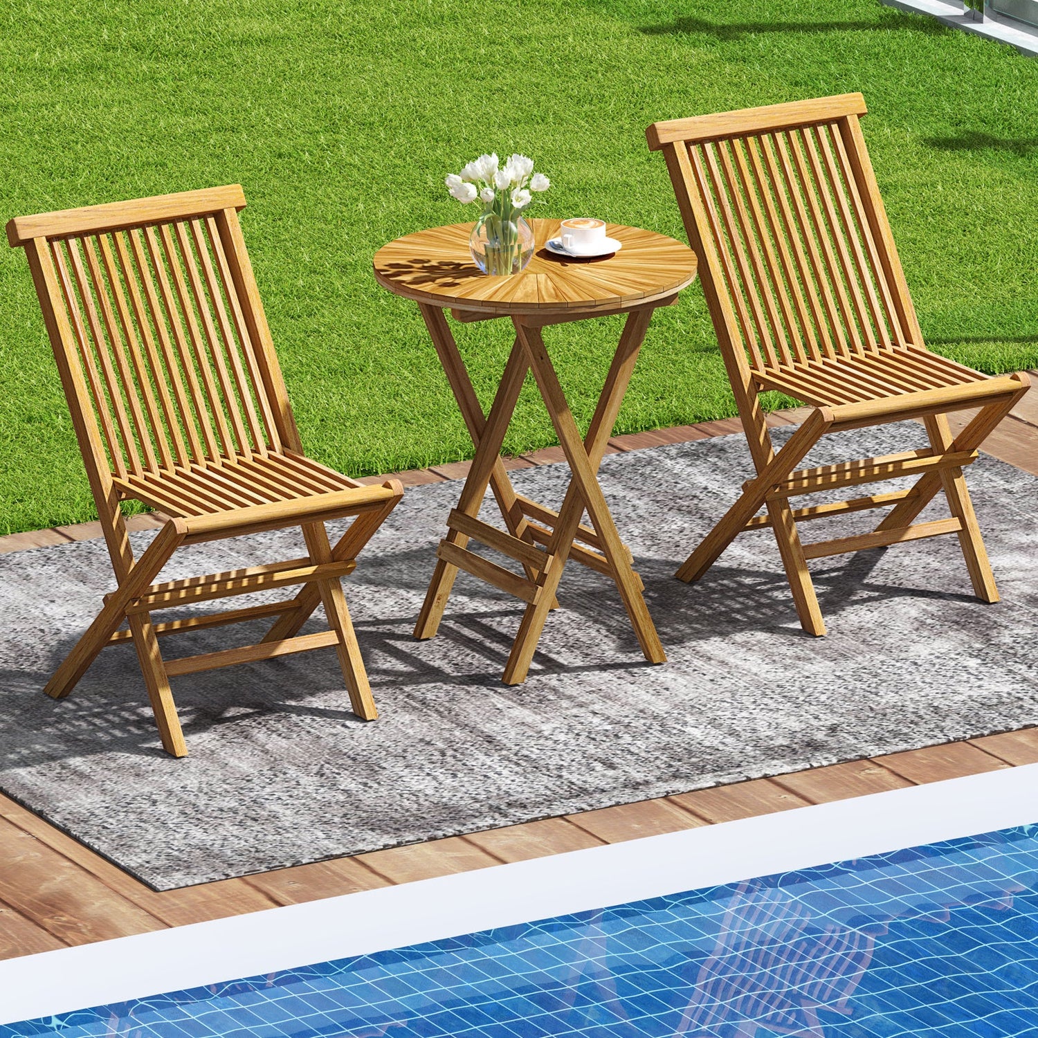 Mesa auxiliar plegable de teca para patio, mesa auxiliar redonda con tablero de listones y estructura en forma de X