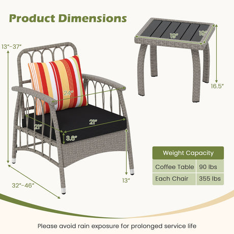 Juego de muebles de patio de mimbre de PE de 3 piezas con respaldo ajustable de 5 niveles - Gris
