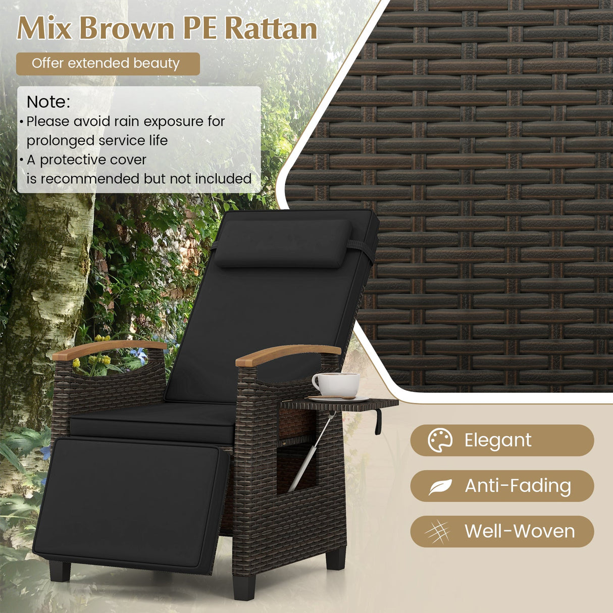 Sillón reclinable de mimbre para patio con respaldo y reposapiés ajustables